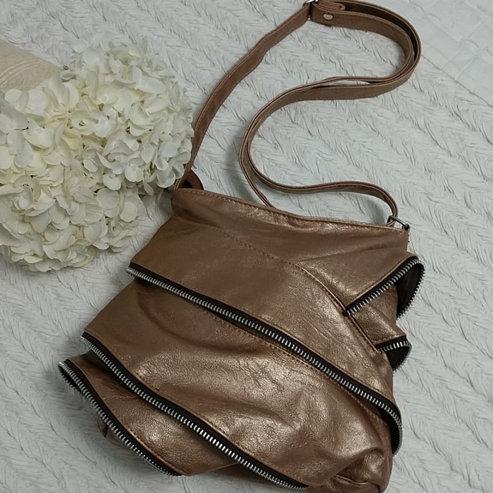 Unique Punk Bag Crossbody Purse Layered Edgy Zippers Ruffle Emo Mod Boho Bronze